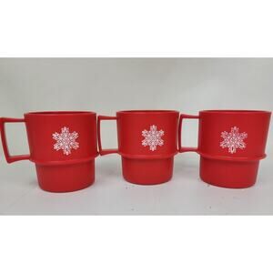 3 Tupperware 1312-7 Red Snowflake Stackable Coffee Mugs Cups - EUC